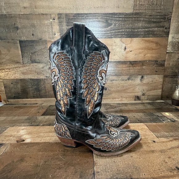 Corral Shoes - Corral Black Gold Sequins Wing Embroidered Womens Western Cowboy Boot Size 8
